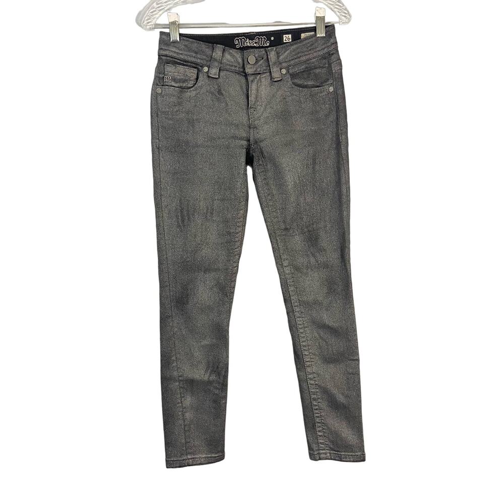 Miss Me Mid Rise Ankle Skinny Metallic Grey Jeans